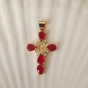 Gold Steel Cross Pendant Crystal Simulated Red Ruby Stones and Virgin Ma…